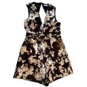 Lucy Paris Black Floral Sleeveless Romper V-Neck Cutout Back Size L Whisigoth